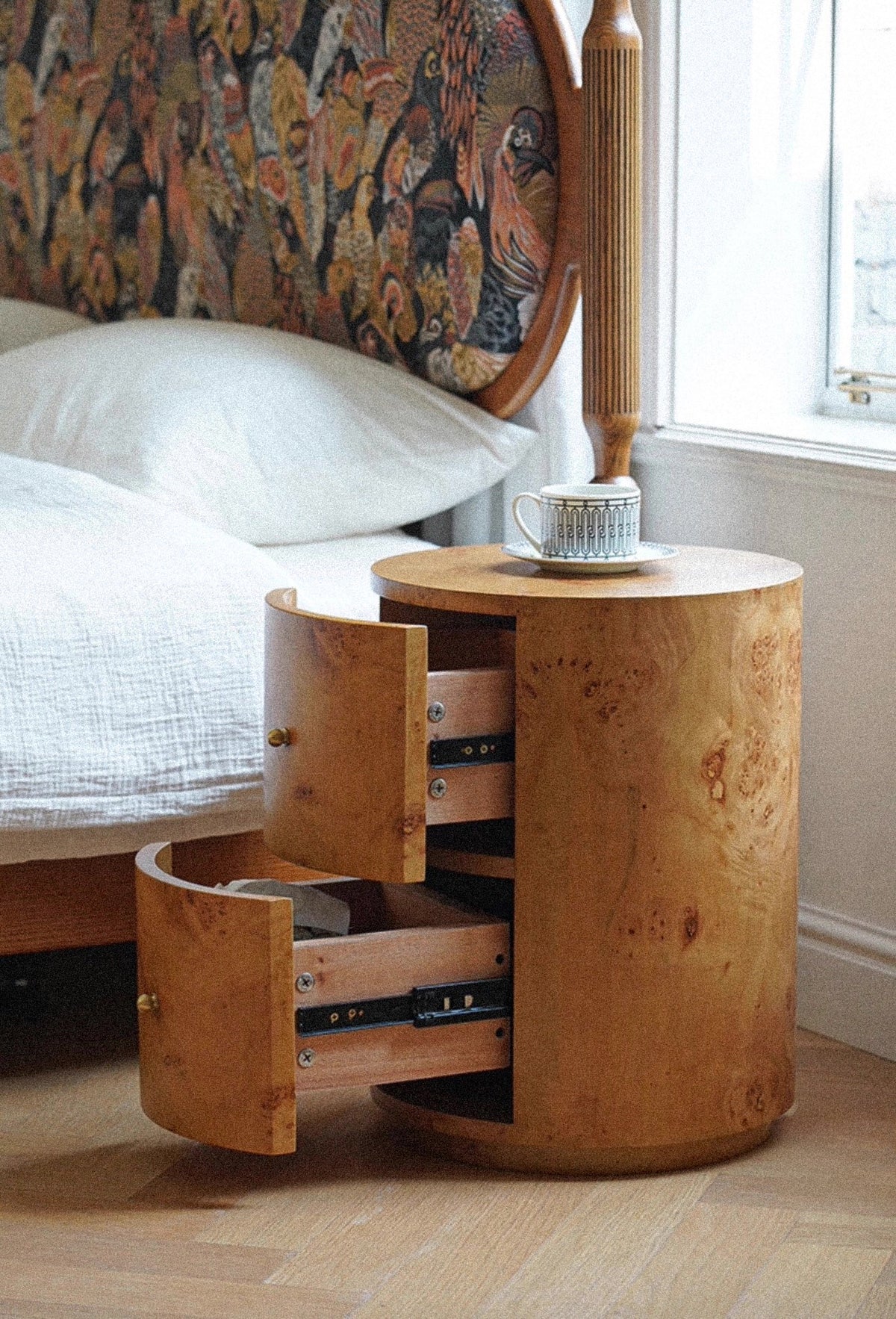 Burl Wood Round Nightstand