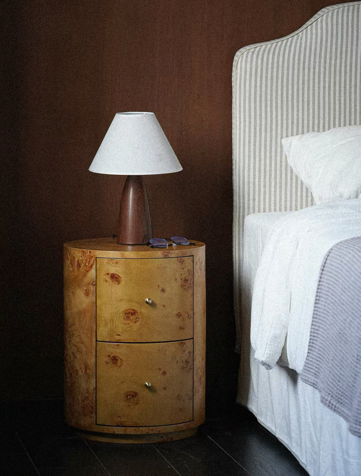 Burl Wood Round Nightstand
