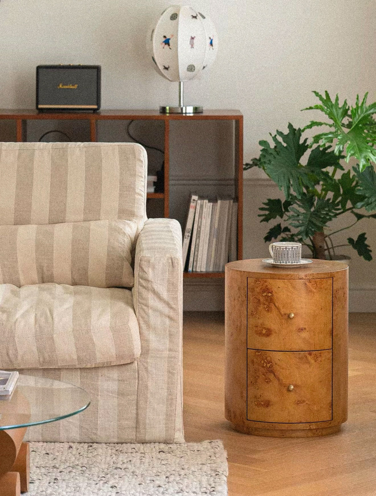 Burl Wood Round Nightstand